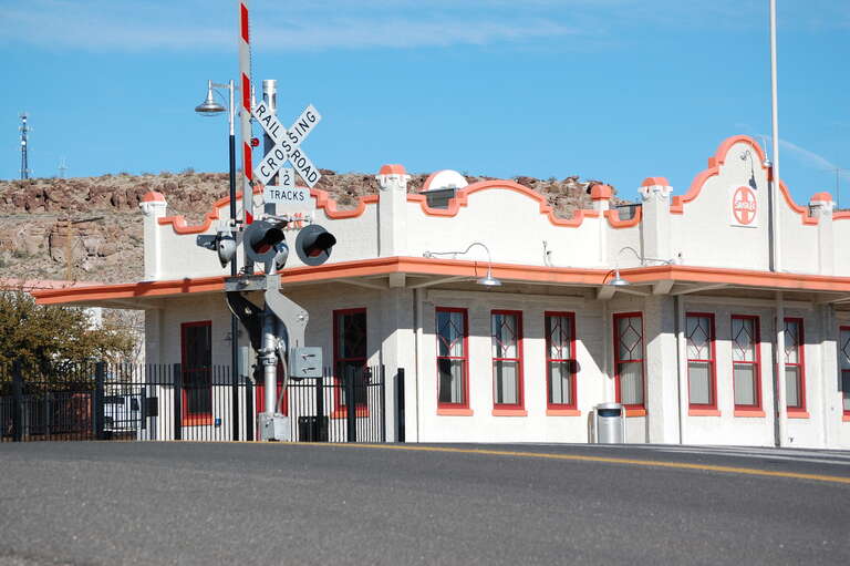 ATSF Train station, built in 1907, in downtown Kingman, Arizona. Constructed in the Mission Revival Style, the building completed a renovation in 2010, and is currently used to serve Amtrak customers on the Amtrak Southwest Chief route. The train