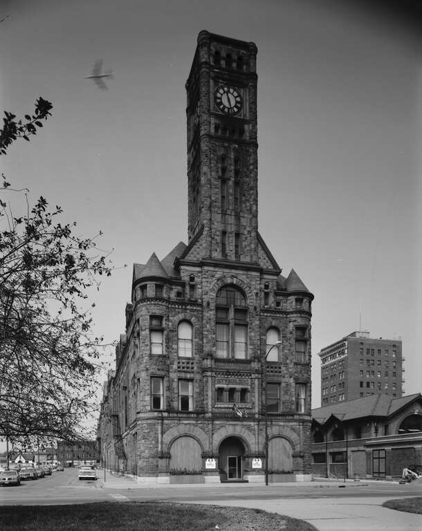 Eastern front of the former municipal building (now the Clark County Heritage Center) located at 117 S. Fountain Avenue in Springfield, Ohio, United States.  Built in 1888, it is listed on the National Register of Historic Places.