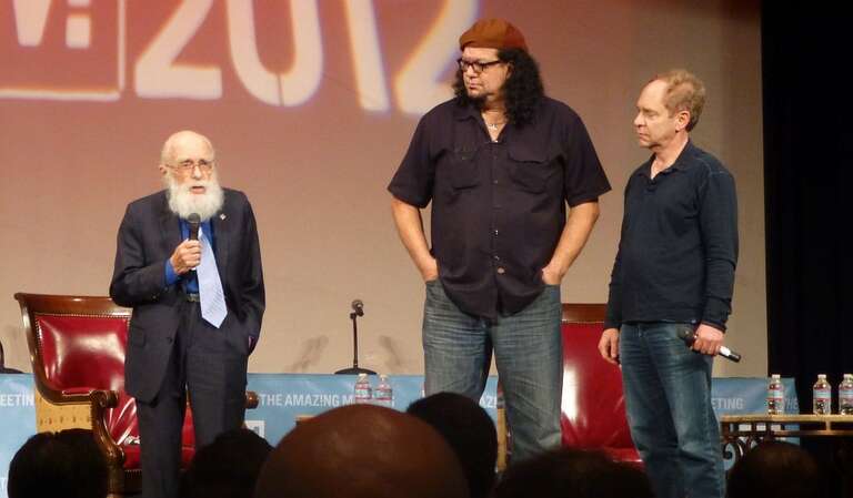 Penn &amp;amp; Teller on stage with James Randi at The Amazing Meeting 2012 (TAM-2012) during the Saturday Keynote Presentation: &quot;Penn &amp;amp; Teller - 38 Years of Magic &amp;amp; BS&quot;.