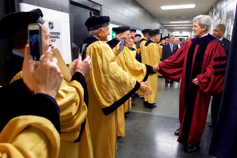 U.S. Secretary of State John Kerry greets fellow Golden Anniversary graduates before he delivers the commencement address for Northeastern University's Class of 2016 on May 6, 2016, at TD Garden in Boston, Massachusetts. [State Department photo/