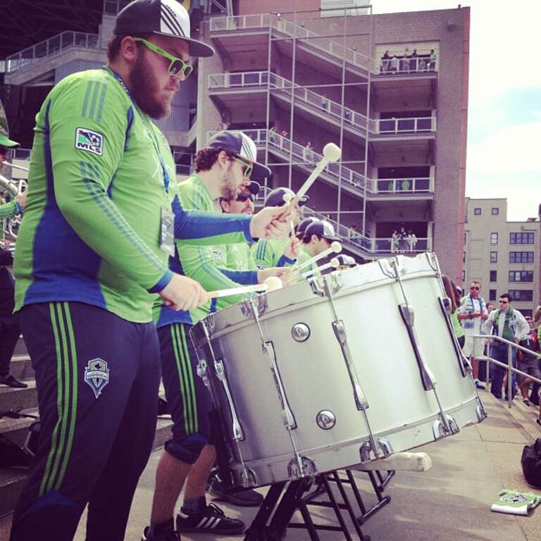 Seattle Sounders Sound Wave drummers in Seattle, Washington after a game.