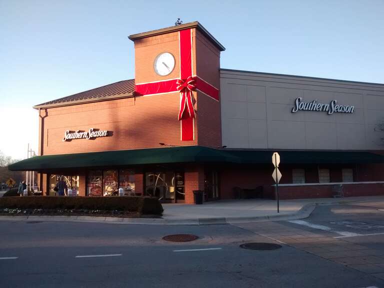 The exterior of Southern Season in Chapel Hill, North Carolina. The bow is a Christmas decoration.