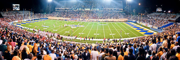 View from the student section (facing west) of Spartan Stadium during a football contest between the San Jose State Spartans and the Utah Utes.