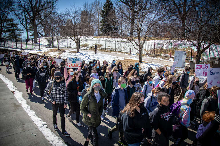 Students at Central Academy walked out of school over the noon hour and marched to the Governor's mansion to protest a new anti-transgender law. Conservative officials in Iowa have joined other states in enacting laws to prevent transgender students