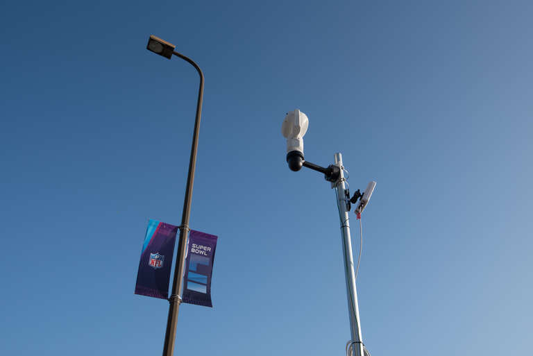 A Bosch pan-tilt-zoom IP surveillance camera across the street from the U.S. Bank Stadium during Super Bowl LII in Minneapolis, Minnesota.
