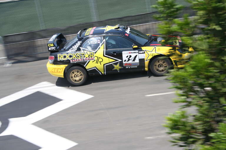 Tanner Foust and Christine Beavis tarmac practice for the rally event at X Games XIII. Home Depot Center Carson, California.