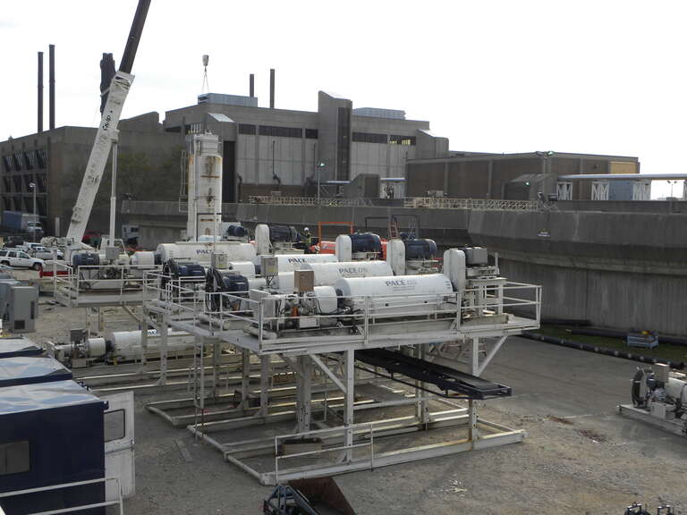 Installation of a temporary wastewater sludge treatment plant progresses at the Passaic Valley Sewerage Commission plant in Newark, N.J., in November 2012. The U.S. Army Corps of Engineers is overseeing construction of the temporary facility to serve