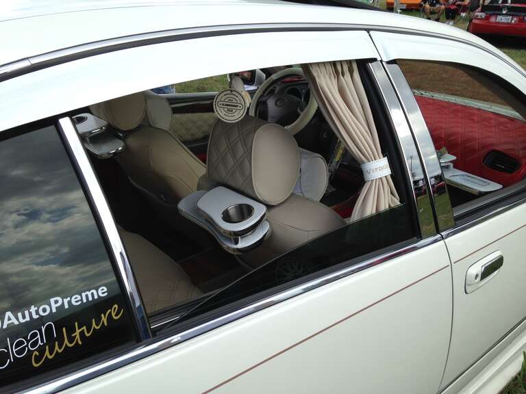 VIP style Lexus GS interior including common VIP mods such as diamond pattern seats, seat pillows, rear seat traytables and rear window curtains.