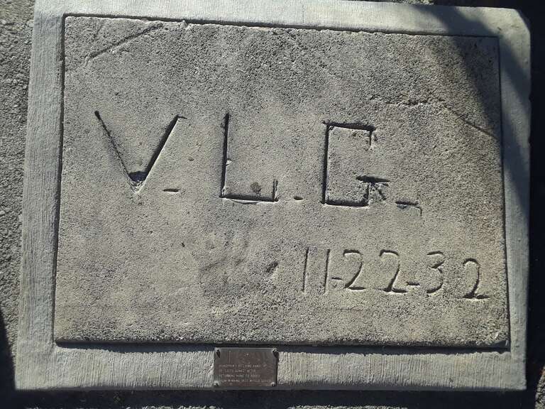 Cement plaque containing (left) hand print and initials made by Vernon &quot;Lefty&quot; Gomez during a visit back to his home town of Rodeo, CA on November 22, 1932.
