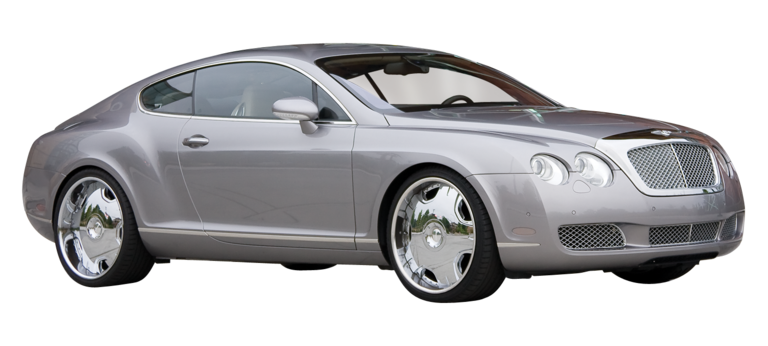 2005 Bentley Continental GT outfitted with 22-inch aftermarket wheels and low profile tires. This RGB/.png file has an associated alpha/transparency for knockout. Intended for a white background.