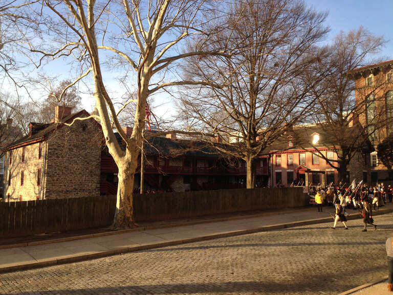 Reenactors assembling in front of the Old Barracks after a reenactment of the Second Battle of Trenton in Trenton, New Jersey