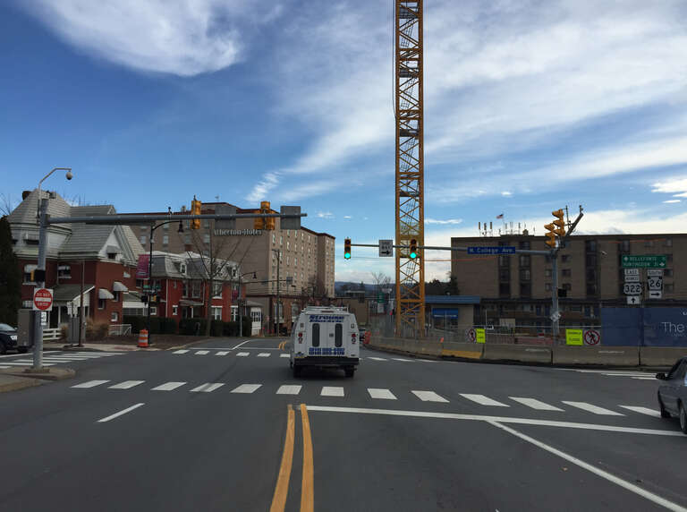 View east along Atherton Street (U.S. Route 322 Business) at College Avenue (Pennsylvania State Route 26) in State College, Pennsylvania