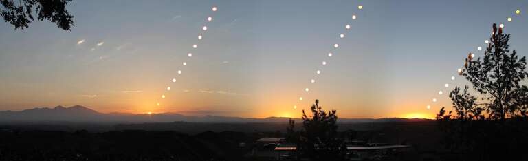 This is a composite panorama of three sunrises, showing the sun's path in the sky at the solstices and equinoxes.
Three separate time-lapse photographs were made of a sunrise, once on the summer solstice (the left or more northerly sunrise), once on