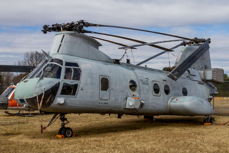 A Boeing Vertol CH-46E Sea Knight on display at the Patuxent River Naval Air Museum in Lexington Park, Maryland. This CH-46E, Bureau Number 152578, was received by the Navy as a CH-46D, but was converted to a CH-46E in the late 1970s, which updated