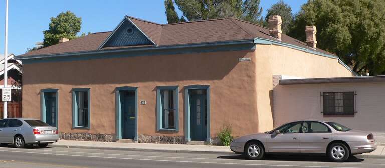 Carlos Ygnacio Velasco House, located at 475 S. Stone Avenue in Tucson, Arizona; seen from the southwest.