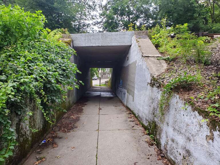 Cedar Street underpass of the Franklin Line, built around 1934, seen in July 2021