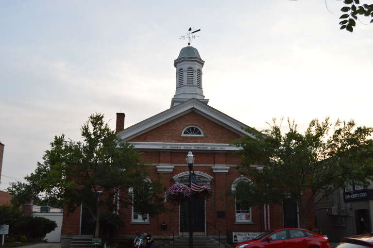 Front of the Chagrin Falls Township Hall, located at 83 N. Main Street in Chagrin Falls, Ohio, United States.  Built in 1848, it is listed on the National Register of Historic Places, and it is part of a Register-listed historic district, the Chagrin
