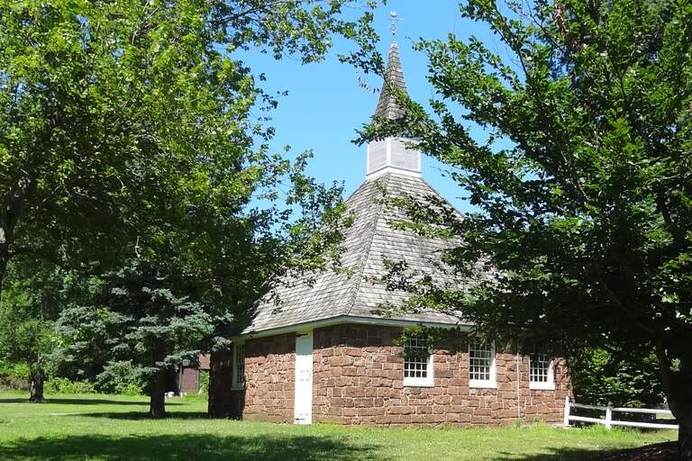 Church of the Three Mile Run replica at East Jersey Olde Towne Village in Piscataway, New Jersey.