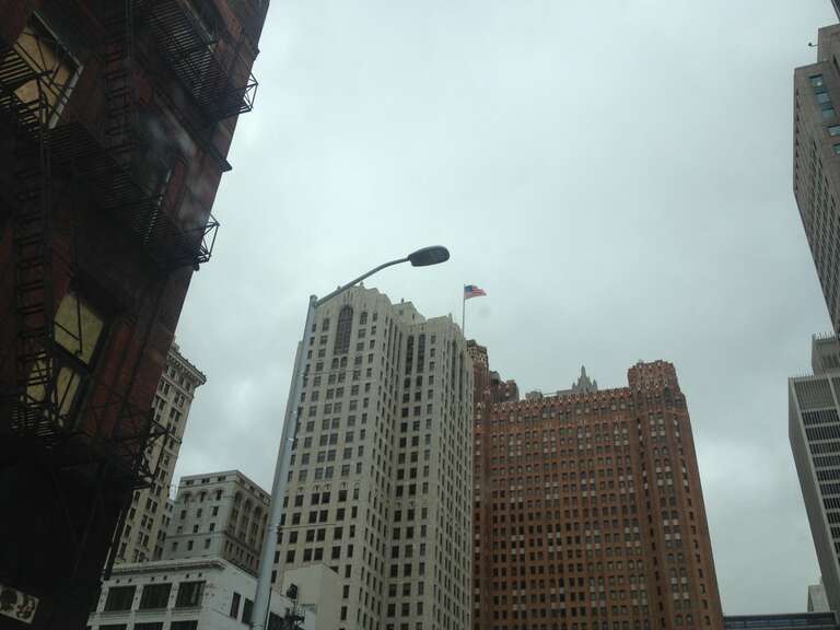 View of Downtown Detroit from Street, Detroit, Michigan, USA.