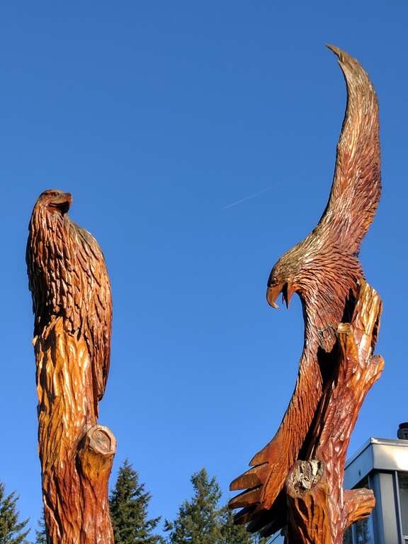 wood sculptures of two eagles