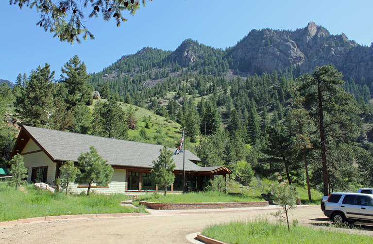 The Eldorado Canyon State Park ranger station and visitors' center. The mountain in the background is Shirttail Peak (also called Shirt Tail Peak).