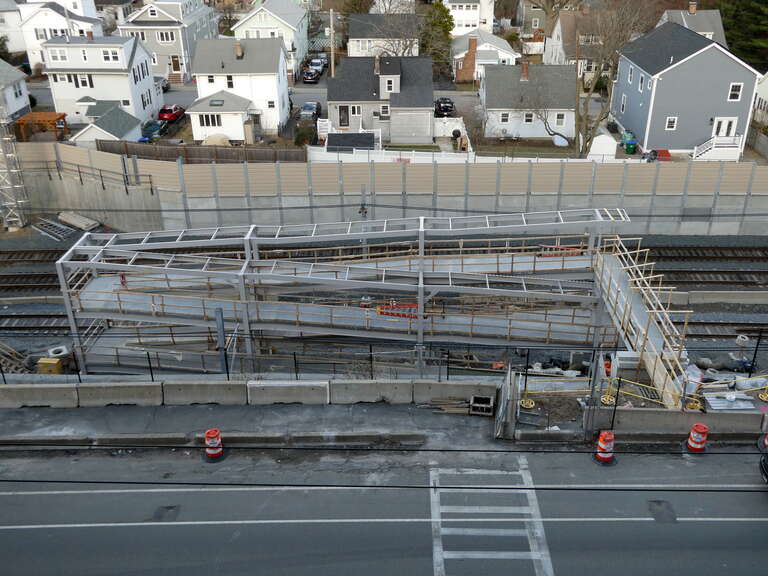 Emergency exit ramp at Medford/Tufts station under construction in March 2022