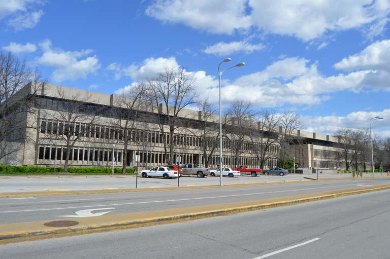 Front of the Evansville Civic Center Complex (city hall and county courthouse), located on MLK Boulevard between Sycamore and Locust streets in downtown Evansville, Indiana, United States.  It was built in 1969.