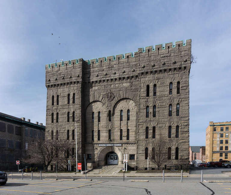 The State Armory is located on the corner of Bank and Durfee streets in Fall River Mass. Completed in 1897. Fall River, Massachusetts.