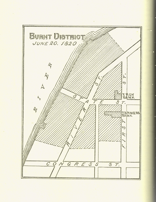 Engraving of the area of fire damage in Troy, New York, United States on June 20, 1820