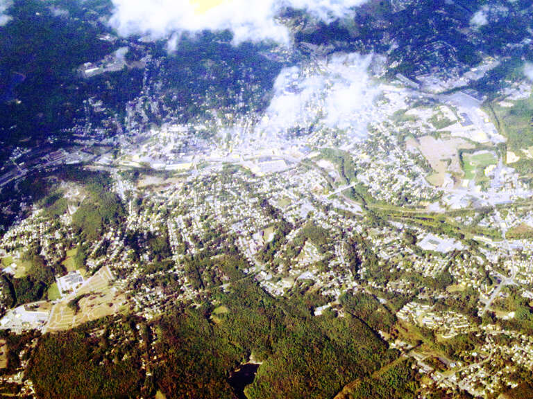 Aerial view of Fitchburg, Massachusetts, taken from a flight on approach to Logan Airport