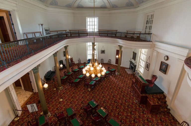 The interior of the former Senate chamber of the Alabama State Capitol, as seen from the gallery