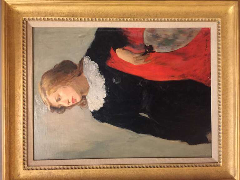 A Young Woman with Fan by Hattie Saussy (c. 1930); oil on canvas mounted on board. Located in the Columbia Museum of Art (Columbia, South Carolina).