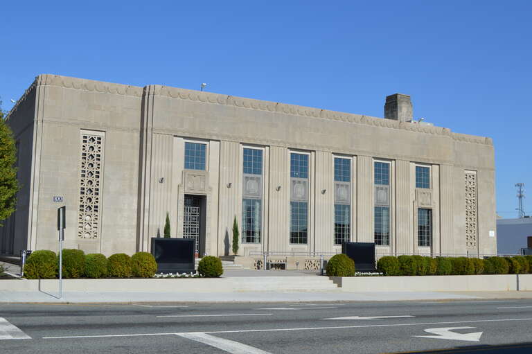 Front of the former High Point post office, located on Main Street at Green Drive in downtown High Point, North Carolina, United States.