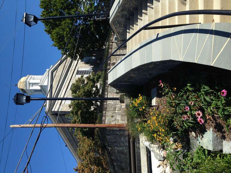 Looking north at the Howard County Courthouse from the stairwell from Main Street in Ellicott City, MD.