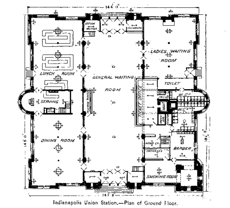 Ground floor plan, Indianapolis Union Station, 39 Jackson Place, Indianapolis, Indiana. Opened 1888.