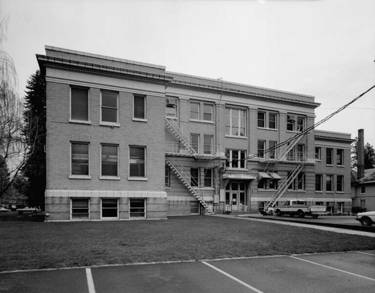 Rear of the Kootenai County Courthouse, located at 501 Government Way in Coeur d'Alene, Idaho, United States.  Built in 1925, the courthouse is listed on the National Register of Historic Places.