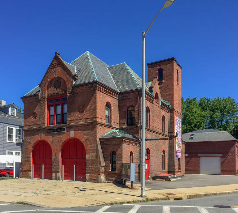 &quot;Quequechan No. 1&quot;, an engine house (fire barn), now Little Theatre of Fall River, at the corner of Prospect Street and Highland Avenue.