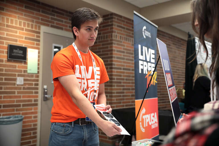 Attendee at the Michigan State University tour stop of the &quot;Live Free&quot; tour at the North Business Building in Lansing, Michigan.

Please attribute to Gage Skidmore if used elsewhere.