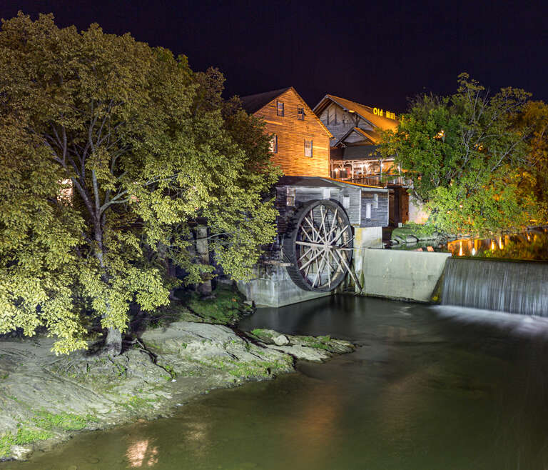 The Old Mill, the oldest building in Pigeon Forge, Tennessee. The mill was constructed ca. 1830 by the Love family, and passed to the Trotter family shortly thereafter. The accompanying mill dam was built in 1916. The mill is located on Old Mill