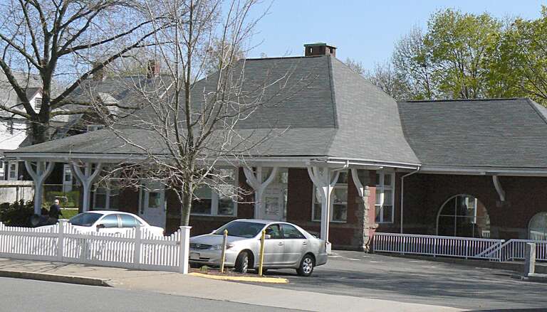The historic Park Street Railroad Station (now housing a community services agency) in Medford, Massachusetts.