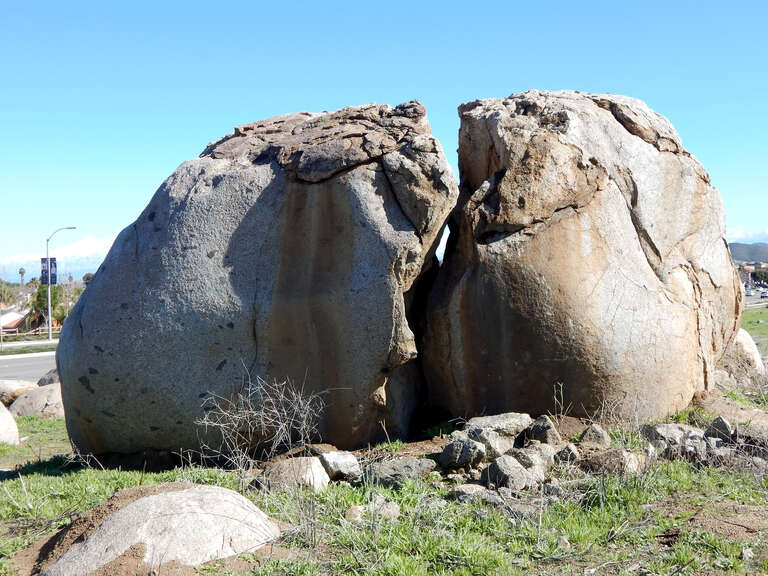 Broken-Egg Rock (not an official name), Newport Road and Murrieta Road, Menifee, California, USA, adjacent to Audie Murphy Ranch residential development