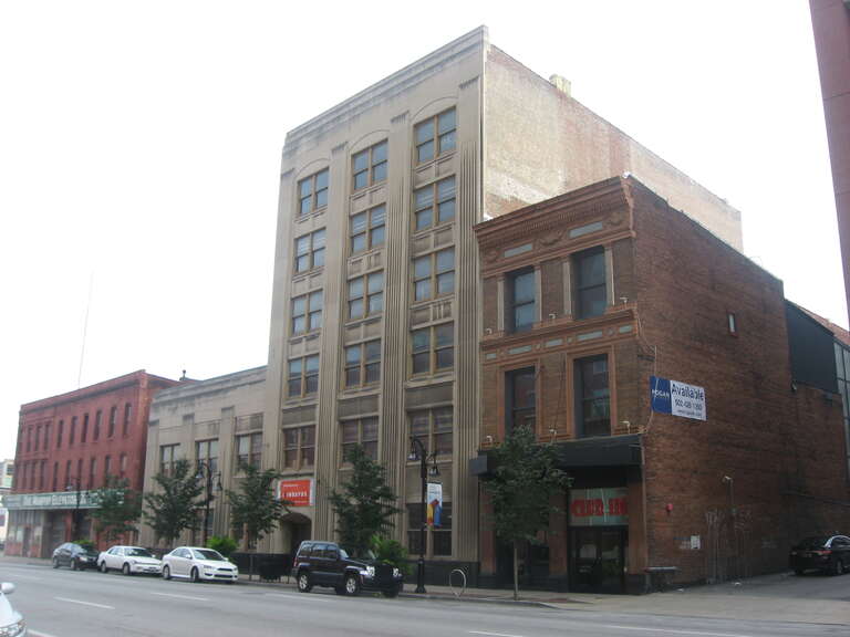 Fronts of the Miller Paper Company Buildings and the building on each side of them; located at 118-122 E. Main Street (U.S. Route 31E) in Louisville, Kentucky, United States.  Built in 1947, the Miller buildings are listed on the National Register of
