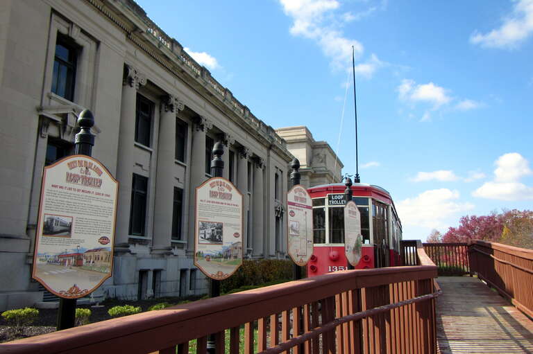 Missouri History Museum, with an ex-Milan (Italy) streetcar in front, placed there after refurbishment in 2005 to promote the then-proposed Delmar Loop Trolley line.