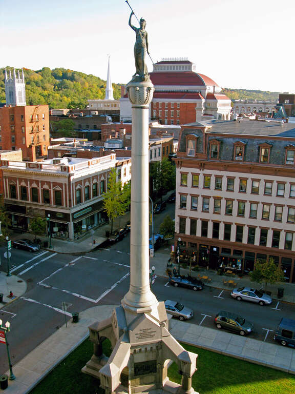 Monument Square in Troy, NY, USA, part of the Central Troy Historic District. Cannon Building at right rear; Troy Savings Bank at center.