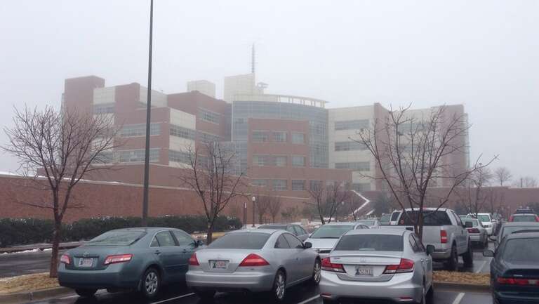 The National Weather Center at the University of Oklahoma in Norman, Oklahoma in fog on February 2, 2014.