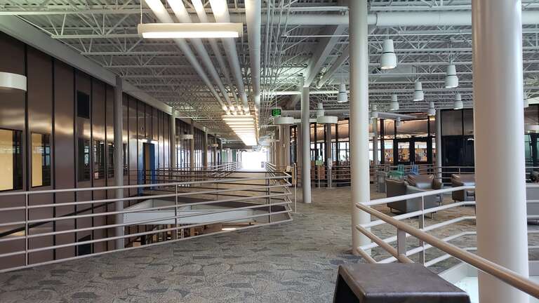 Interior of Oakland Community College's Royal Oak Campus, looking west from the second floor.