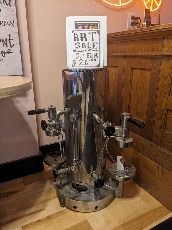 Old espresso machine in Speakeasy Cafe at 31 Center Street in downtown Rutland, Vermont.