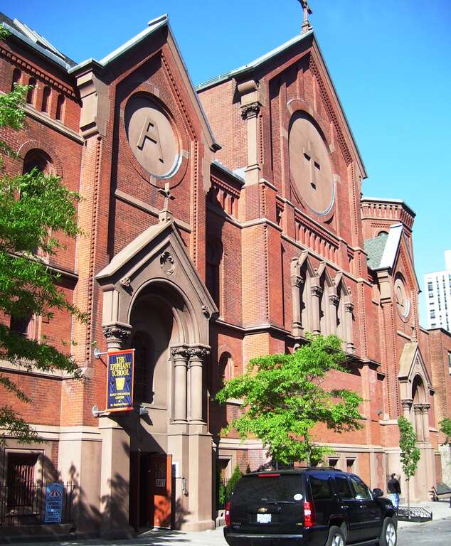 The 29th Street facade of the Church of Our Lady of the Scapular-St. Stephen at 142 East 29th Street between Third and Lexington Avenues in the Rose Hill neighborhood of Manhattan, New York City, built in 1865 and designed by Charles Patrick Keely.