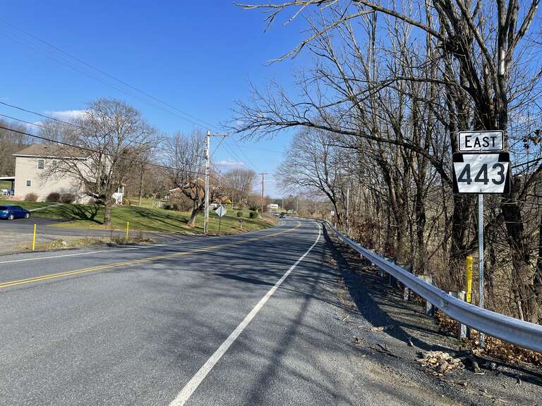 Eastbound Pennsylvania Route 443 (Long Run Road) past the intersection with Pennsylvania Route 183 in Wayne Township, Pennsylvania