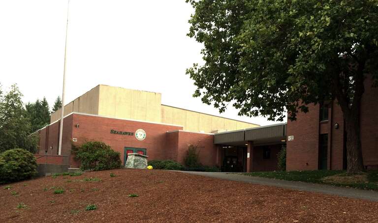Peninsula High School, in Purdy, Washington, USA.  Part of the Peninsula School District.  View is of the main entry.  September 2015.